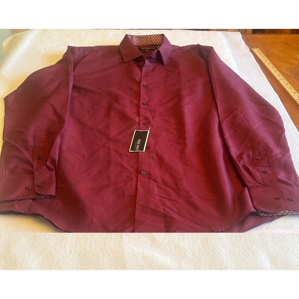 Nine West Mens XL Slim Fit Burgundy Dress Shirt 17-17.5 34/35 Long Sleeve NWT